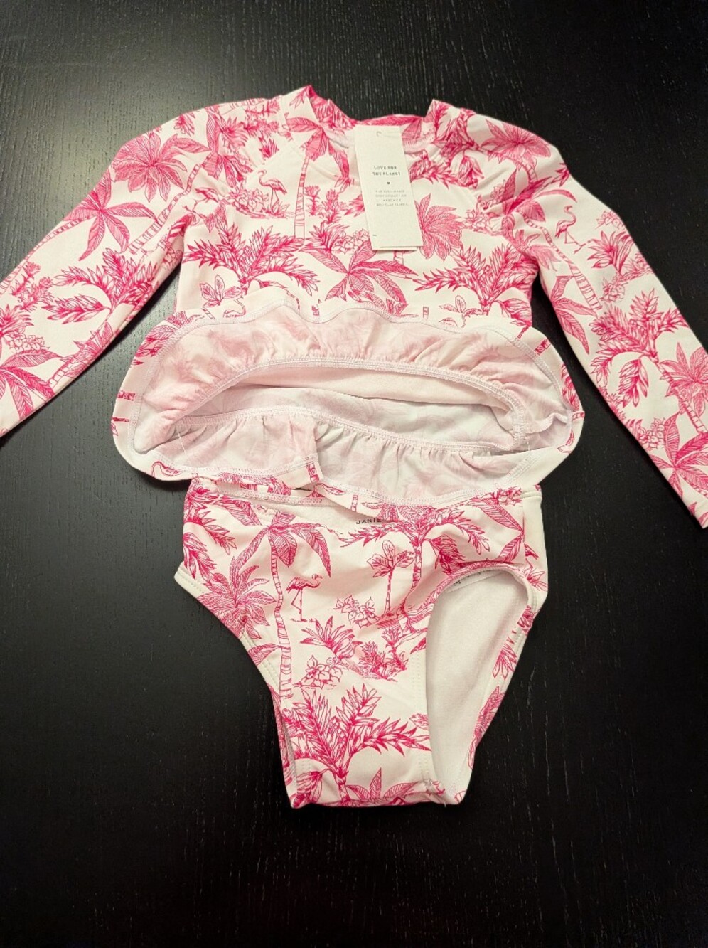 Janie and Jack Pink and White Tropical Print Long-Sleeve Rash Guard One-Piece - Picture 3 of 8